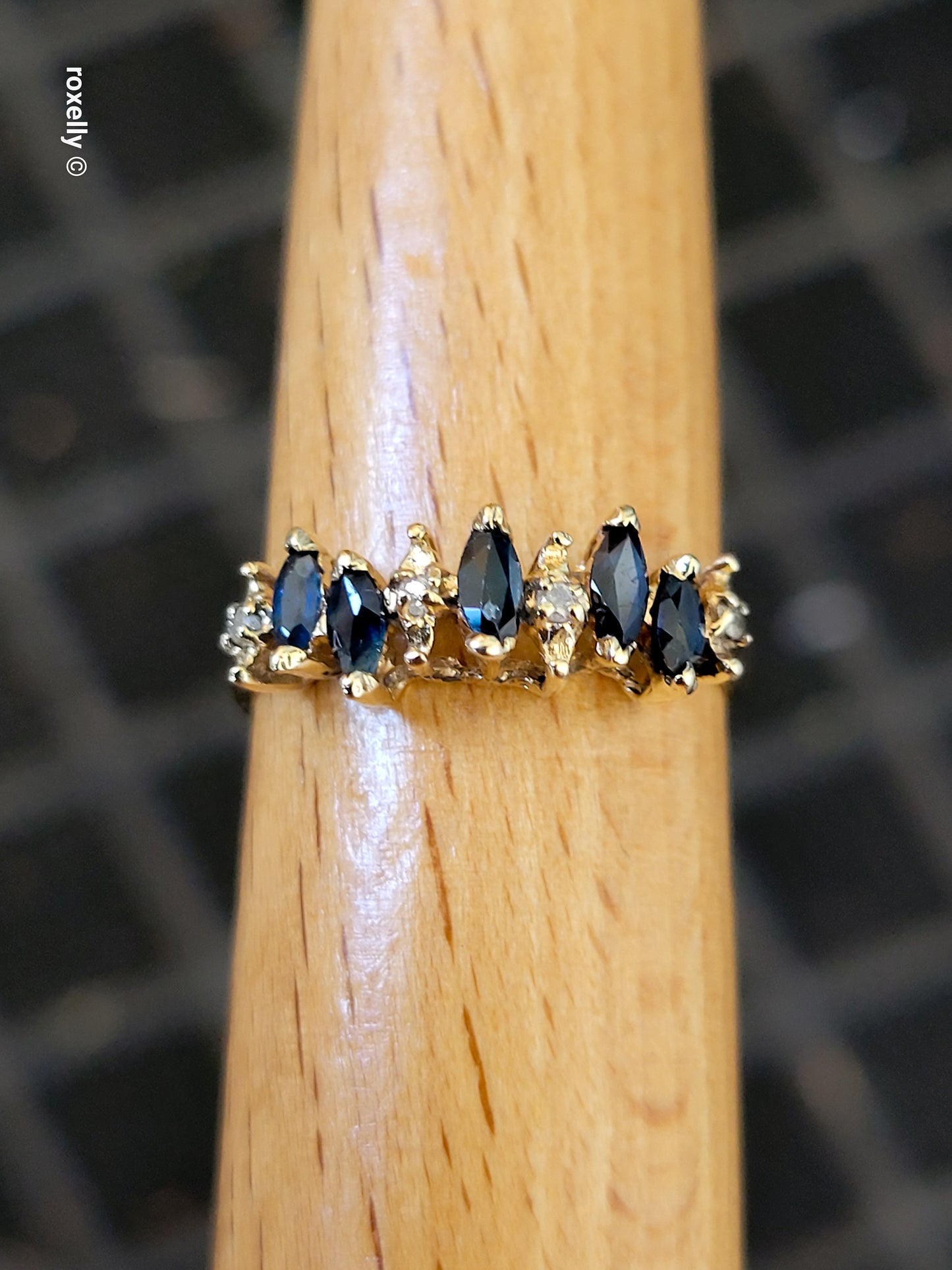 14K Yellow Gold Sapphire & Diamond Tiara Design Ring Size 6.75, Solid Gold!
