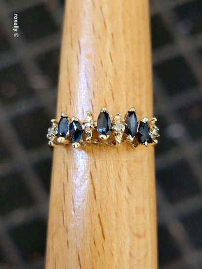 14K Yellow Gold Sapphire & Diamond Tiara Design Ring Size 6.75, Solid Gold!