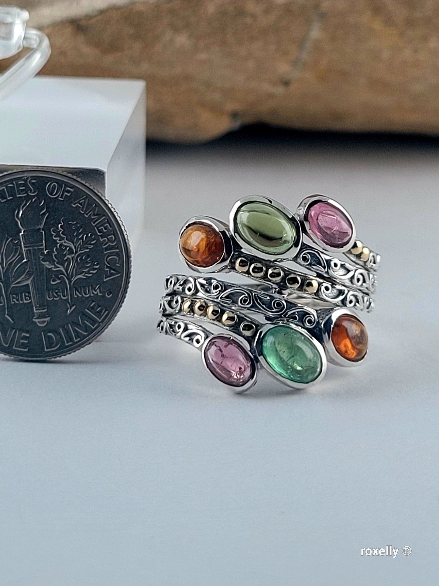 925 Sterling Silver Ring and 18K Yellow Gold, Tourmaline Gemstones Ring Size 8!