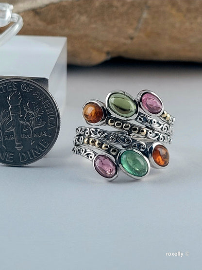 925 Sterling Silver Ring and 18K Yellow Gold, Tourmaline Gemstones Ring Size 8!