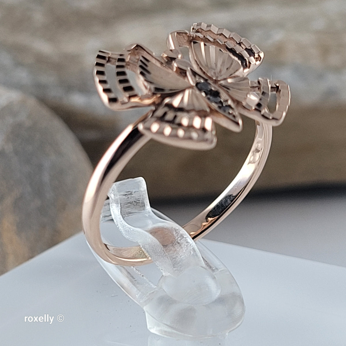 14K Rose Gold Butterfly Design, Diamond Cut & CZ Ring Size 6 - Solid Gold!