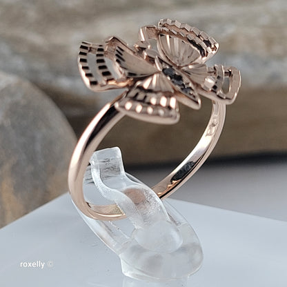 14K Rose Gold Butterfly Design, Diamond Cut & CZ Ring Size 6 - Solid Gold!