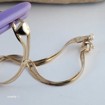 Italy 14K Solid Gold Two Strand Heart Cuban Mini Link Bracelet or Anklet