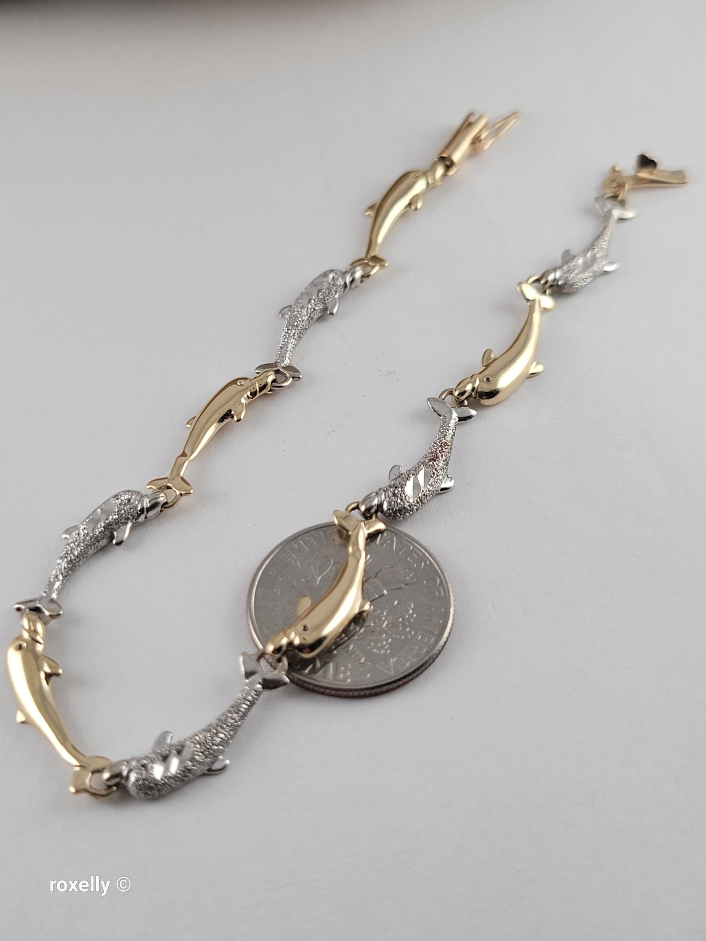 14K Two-Tone Gold Dolphin Link Bracelet, Solid Gold!