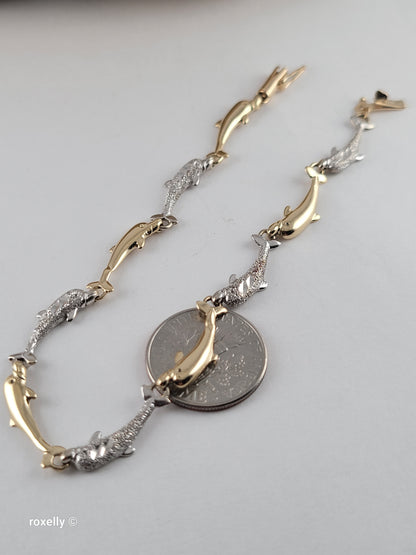 14K Two-Tone Gold Dolphin Link Bracelet, Solid Gold!