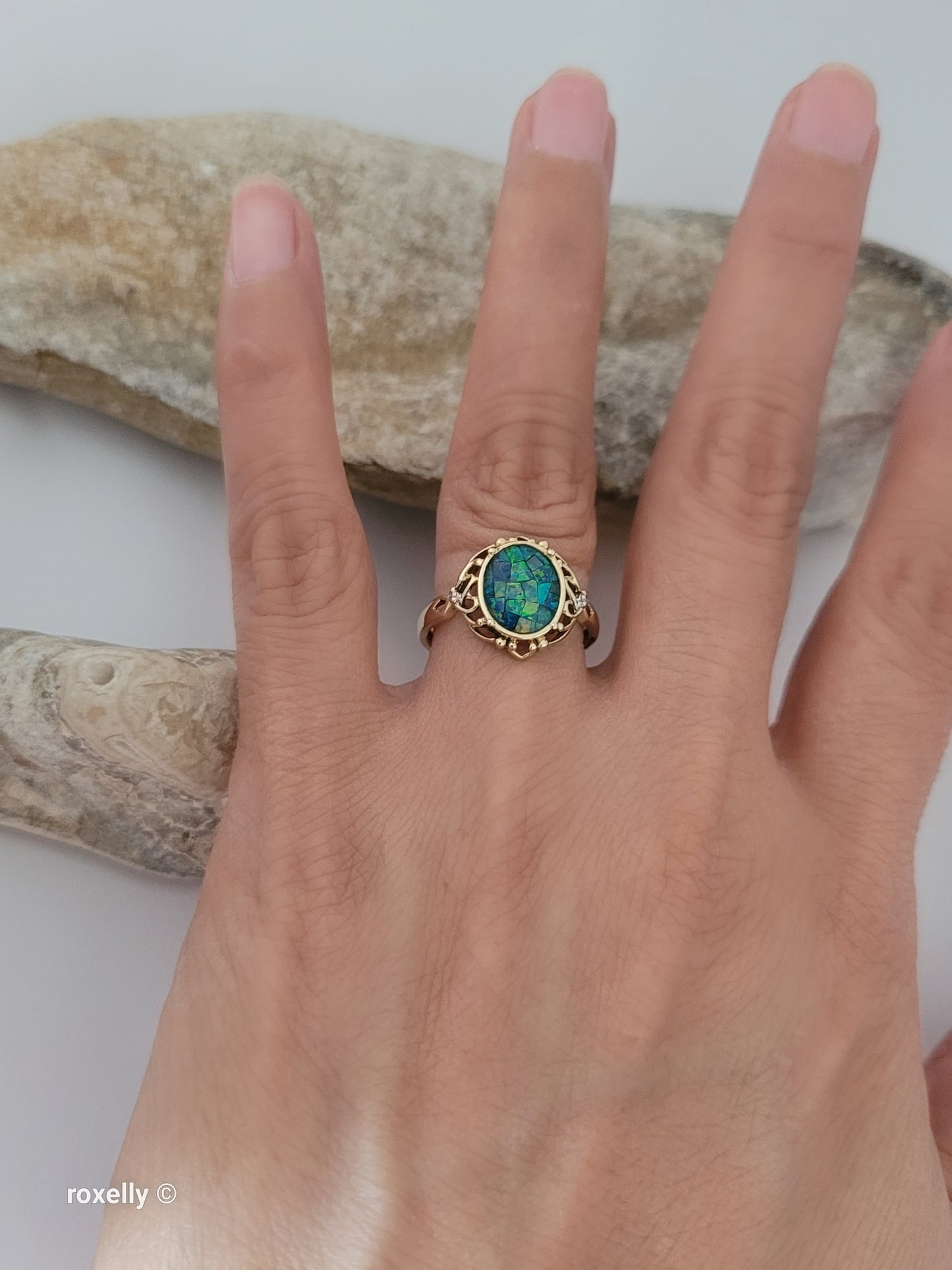10K Yellow Gold Mosaic Opal and Diamonds Cocktail Ring Size 7, Solid Gold!