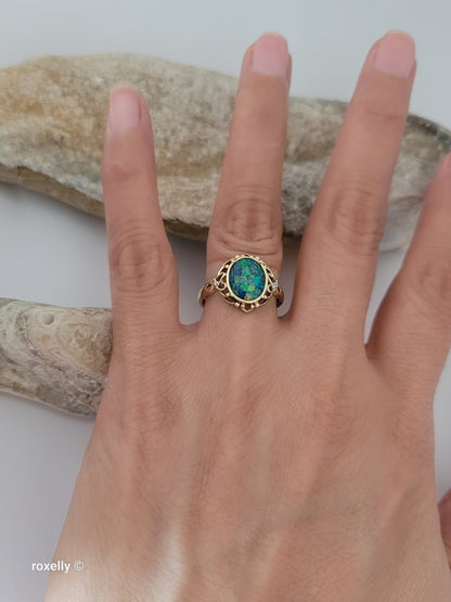 10K Yellow Gold Mosaic Opal and Diamonds Cocktail Ring Size 7, Solid Gold!