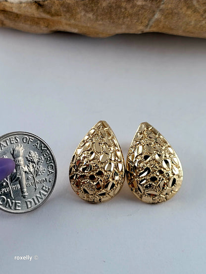 14K Solid Yellow Gold Nugget Teardrop Stud Earrings, 18.3mm Beautiful!