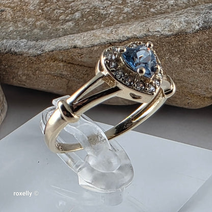 14K Yellow Gold Heart-Shaped Blue Topaz and Cubic Zirconia Ring Size 7, Solid Gold!