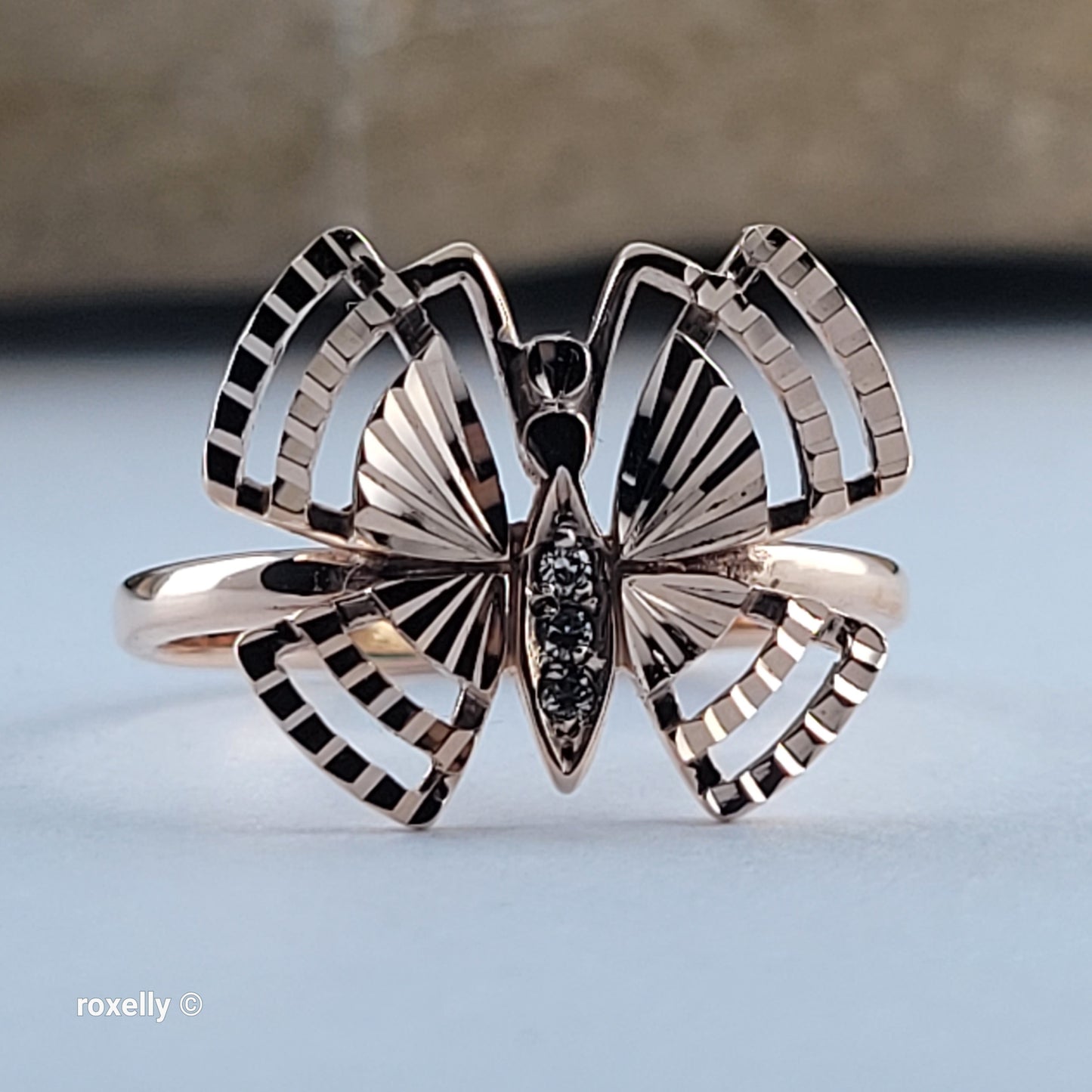 14K Rose Gold Butterfly Design, Diamond Cut & CZ Ring Size 6 - Solid Gold!