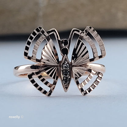 14K Rose Gold Butterfly Design, Diamond Cut & CZ Ring Size 6 - Solid Gold!
