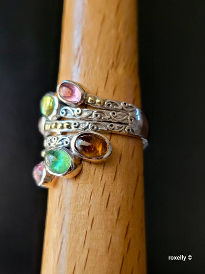 925 Sterling Silver Ring and 18K Yellow Gold, Tourmaline Gemstones Ring Size 8!