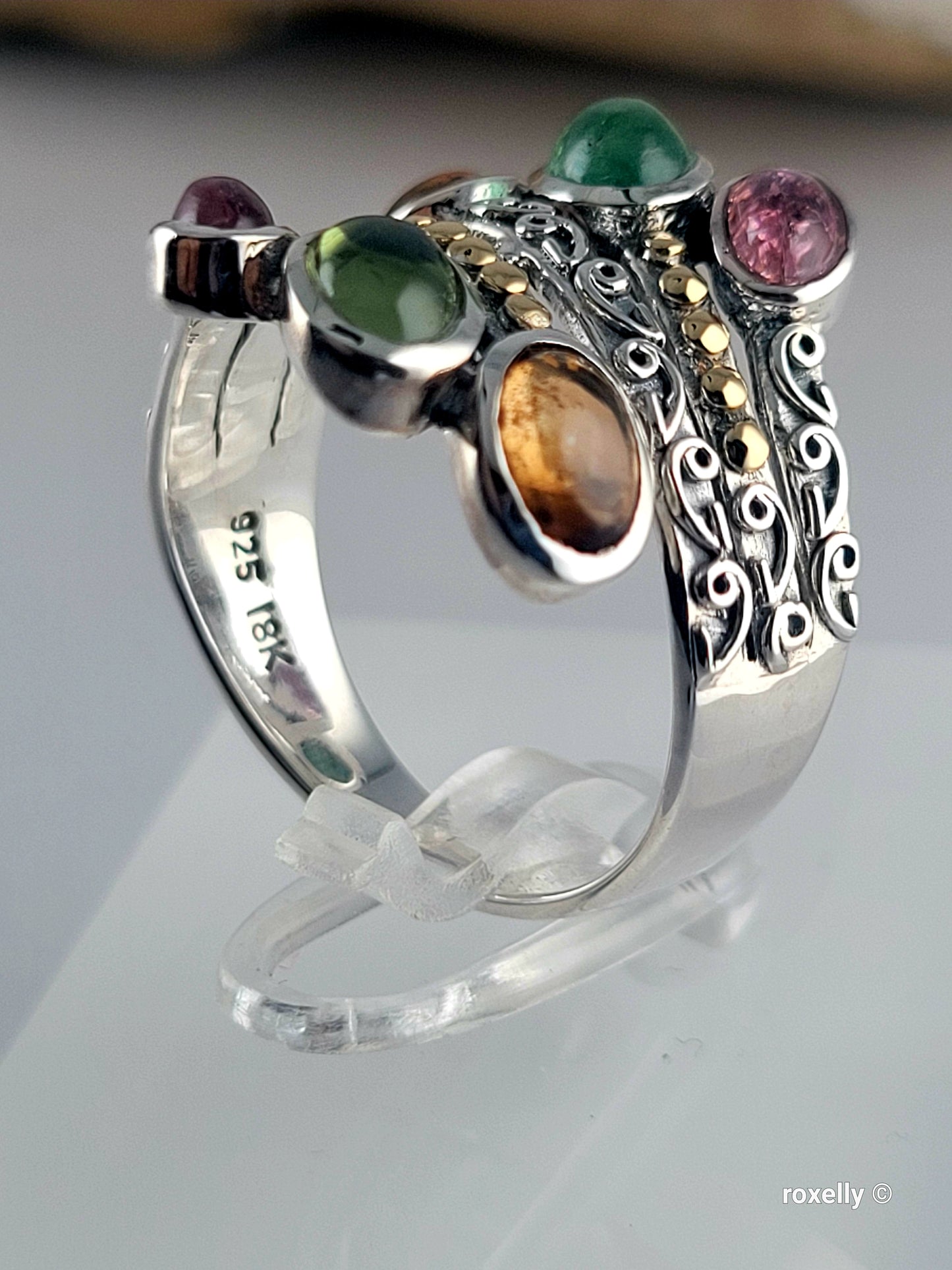 925 Sterling Silver Ring and 18K Yellow Gold, Tourmaline Gemstones Ring Size 8!