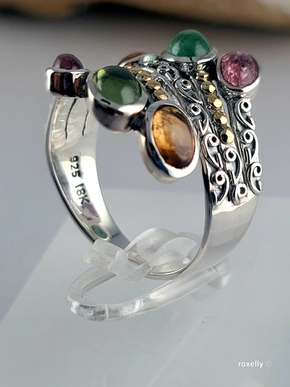 925 Sterling Silver Ring and 18K Yellow Gold, Tourmaline Gemstones Ring Size 8!