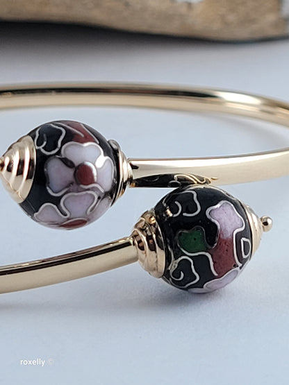 14K Yellow Gold Cloisonne Enamel Floral Bangle Bracelet, Solid Gold!