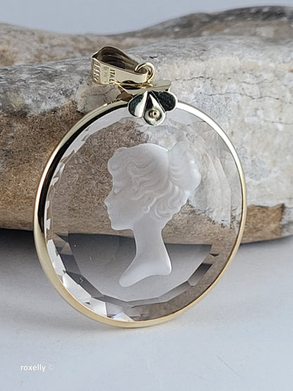 14K Vintage Yellow Gold Carved Face Clear Intaglio, Woman Bust Design Pendant, Solid Gold - Made in Italy!