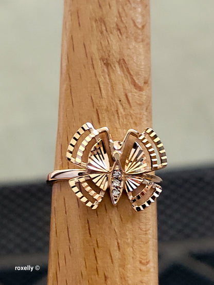 14K Rose Gold Butterfly Design, Diamond Cut & CZ Ring Size 6 - Solid Gold!