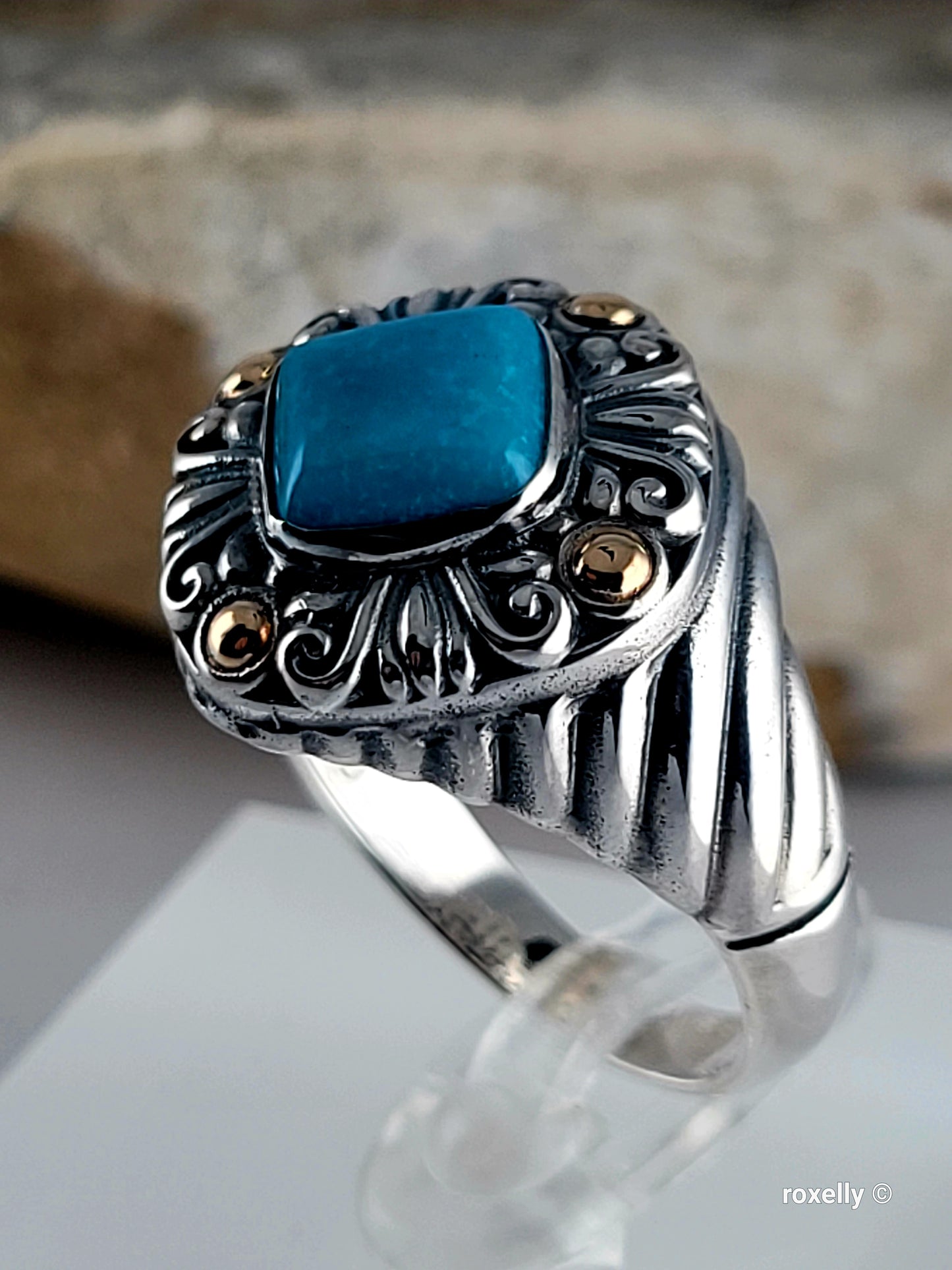 925 Sterling Silver and 18K Yellow Gold Turquoise Carved Cable  Ring