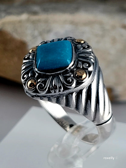 925 Sterling Silver and 18K Yellow Gold Turquoise Carved Cable  Ring