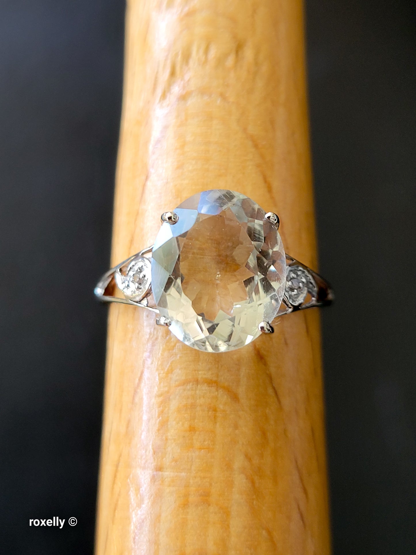 10K White Gold Prasiolite and Genuine Diamonds Ring Size 7, Solid Gold