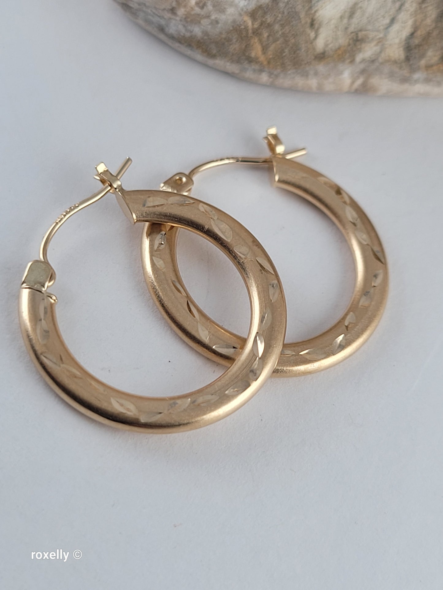 14K Yellow Gold Diamond-Cut Satin Hoop Earrings, Solid Gold
