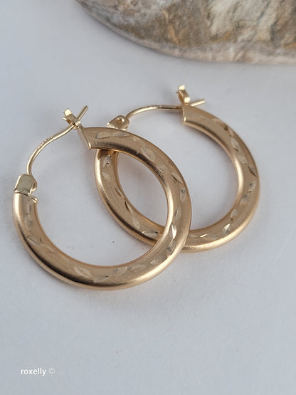 14K Yellow Gold Diamond-Cut Satin Hoop Earrings, Solid Gold