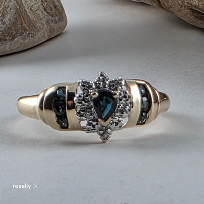 10K Yellow Gold Sapphires and Genuine Diamond Ring Size 7, Solid Gold!