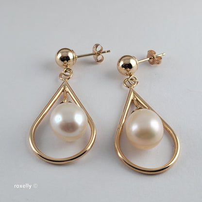 14K Yellow Gold Freshwater Pearl Drop-Shaped Dangle Earrings, Solid Gold!