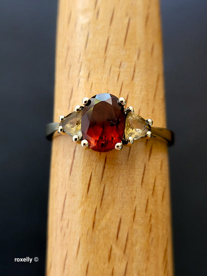 14K Yellow Gold Garnet and Citrine Cocktail Ring Size 8, Solid Gold!