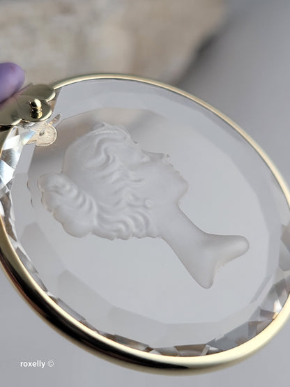 14K Vintage Yellow Gold Carved Face Clear Intaglio, Woman Bust Design Pendant, Solid Gold - Made in Italy!