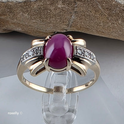 14K Yellow Gold Pink Star Sapphire and Diamond Ring Size 7.5, Solid Gold!