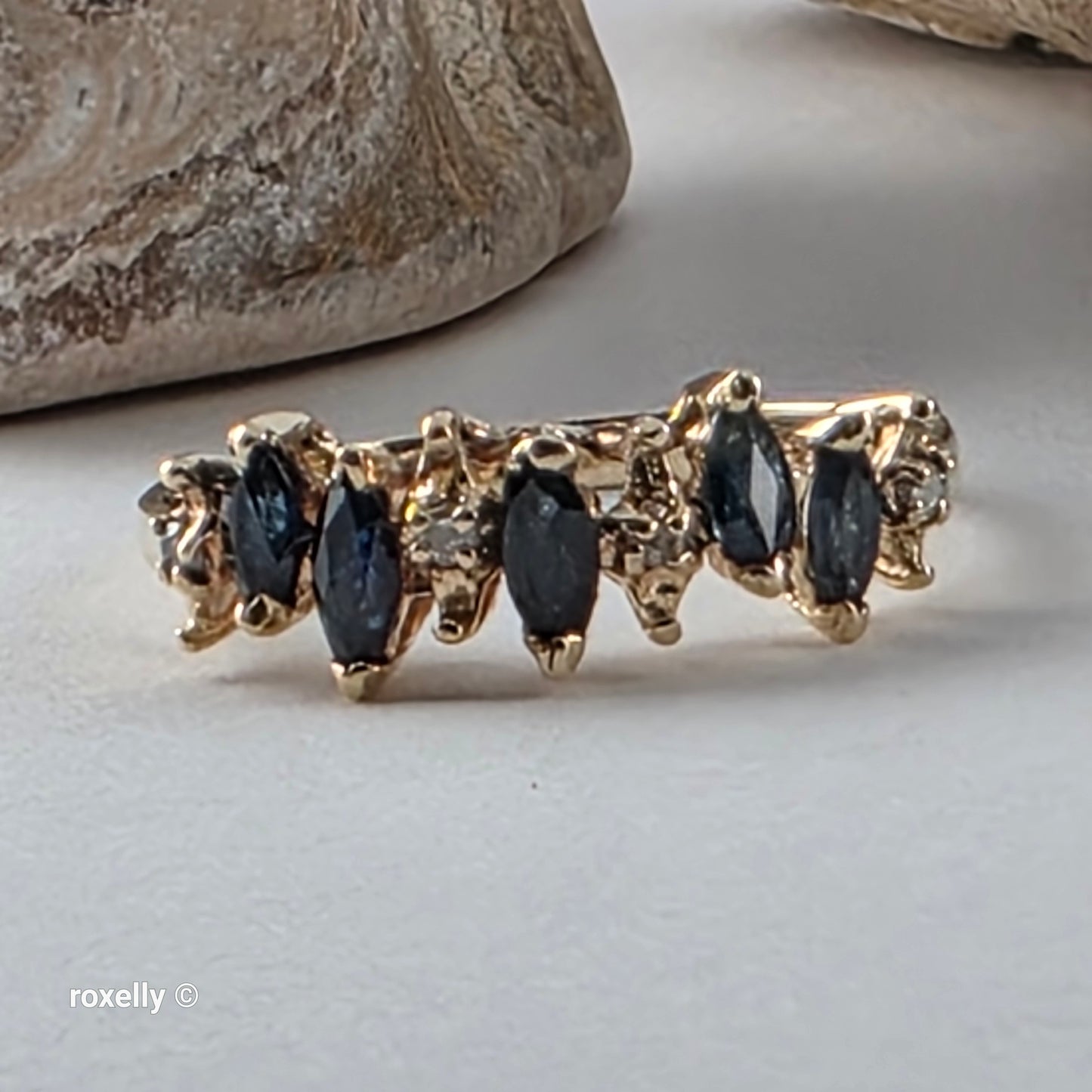 14K Yellow Gold Sapphire & Diamond Tiara Design Ring Size 6.75, Solid Gold!