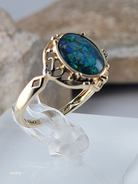 10K Yellow Gold Mosaic Opal and Diamonds Cocktail Ring Size 7, Solid Gold!