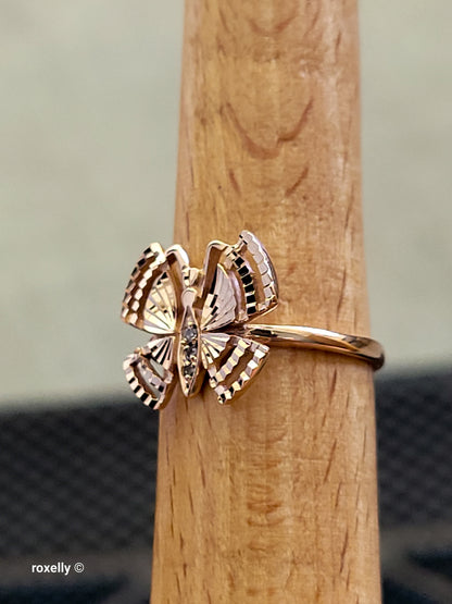 14K Rose Gold Butterfly Design, Diamond Cut & CZ Ring Size 6 - Solid Gold!