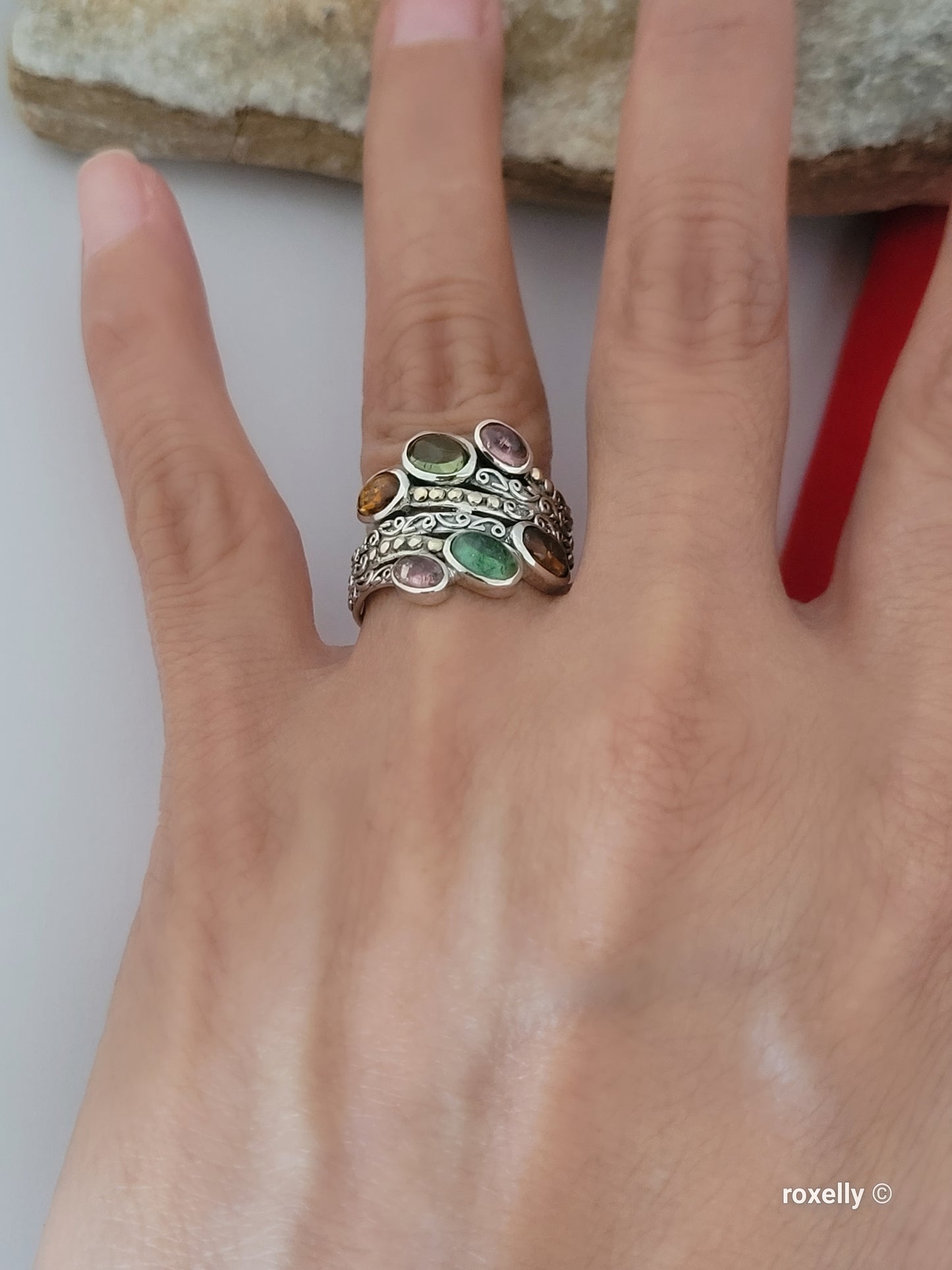 925 Sterling Silver Ring and 18K Yellow Gold, Tourmaline Gemstones Ring Size 8!