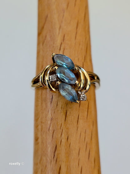 14K Yellow Gold Blue Topaz and Diamond Cocktail Ring Size 6, Solid Gold!