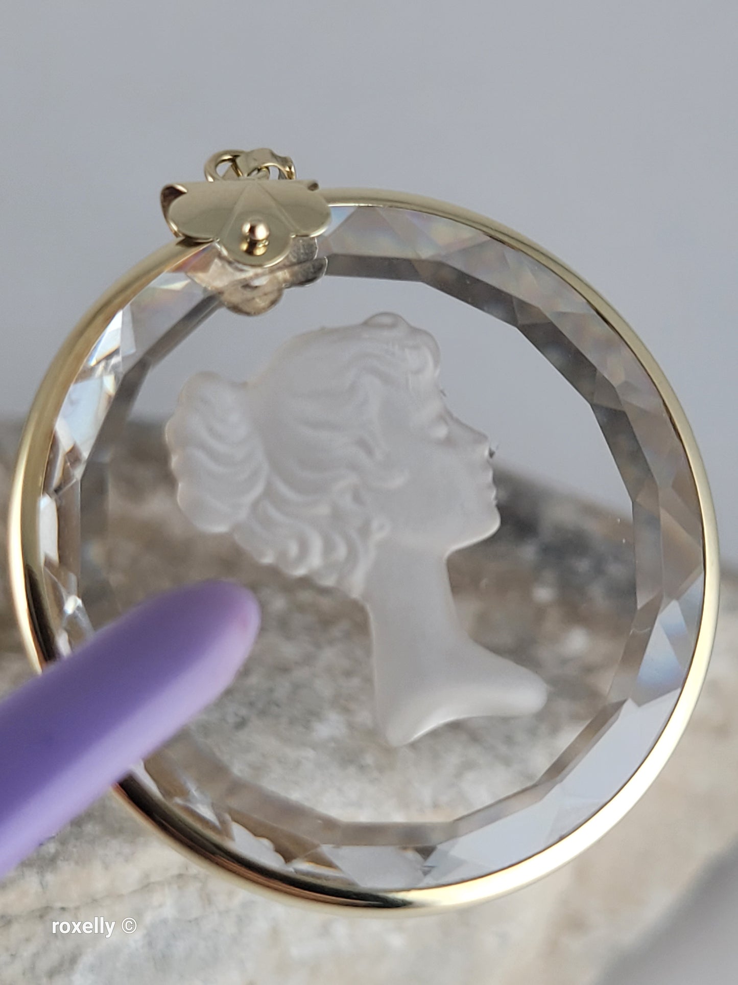 14K Vintage Yellow Gold Carved Face Clear Intaglio, Woman Bust Design Pendant, Solid Gold - Made in Italy!