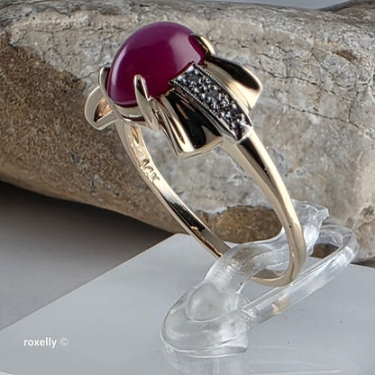 14K Yellow Gold Pink Star Sapphire and Diamond Ring Size 7.5, Solid Gold!