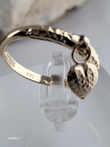 14K Yellow Gold Diamond-Cut Ring Size 10 with Heart Charm, Solid Gold!