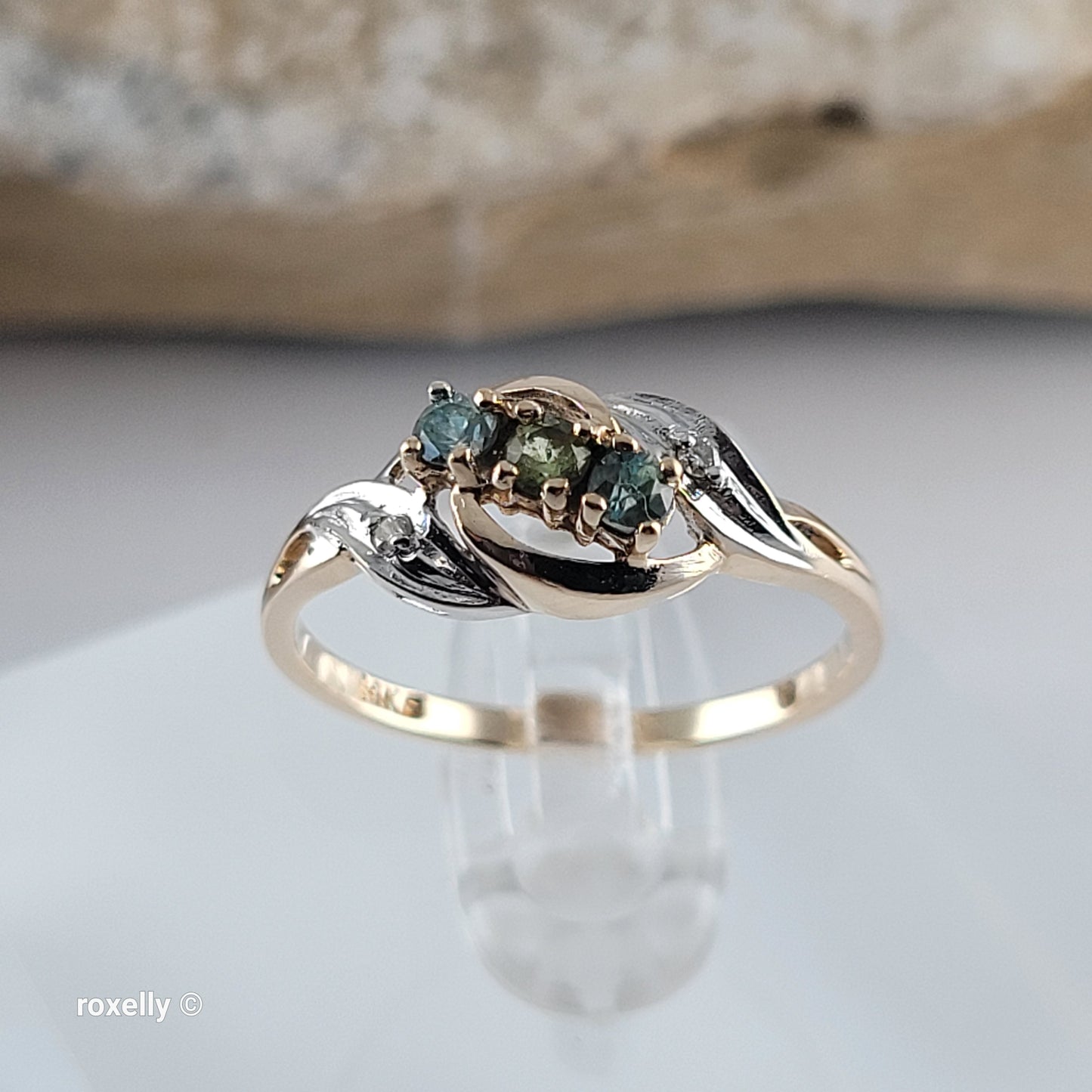 14K Yellow Gold Peridot, Blue Topaz & Diamonds Ring Size 7.25- Solid Gold!