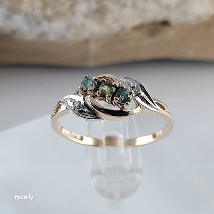 14K Yellow Gold Peridot, Blue Topaz & Diamonds Ring Size 7.25- Solid Gold!