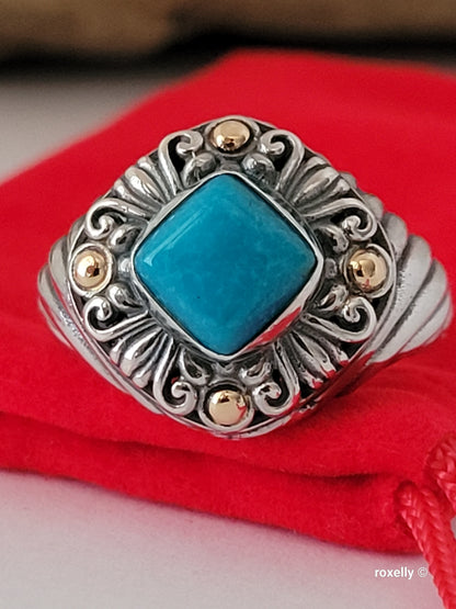 925 Sterling Silver and 18K Yellow Gold Turquoise Carved Cable  Ring