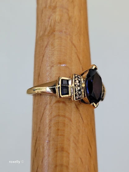 10K Yellow Gold Sapphire and Diamond Cocktail Ring Size 7.5, Solid Gold!
