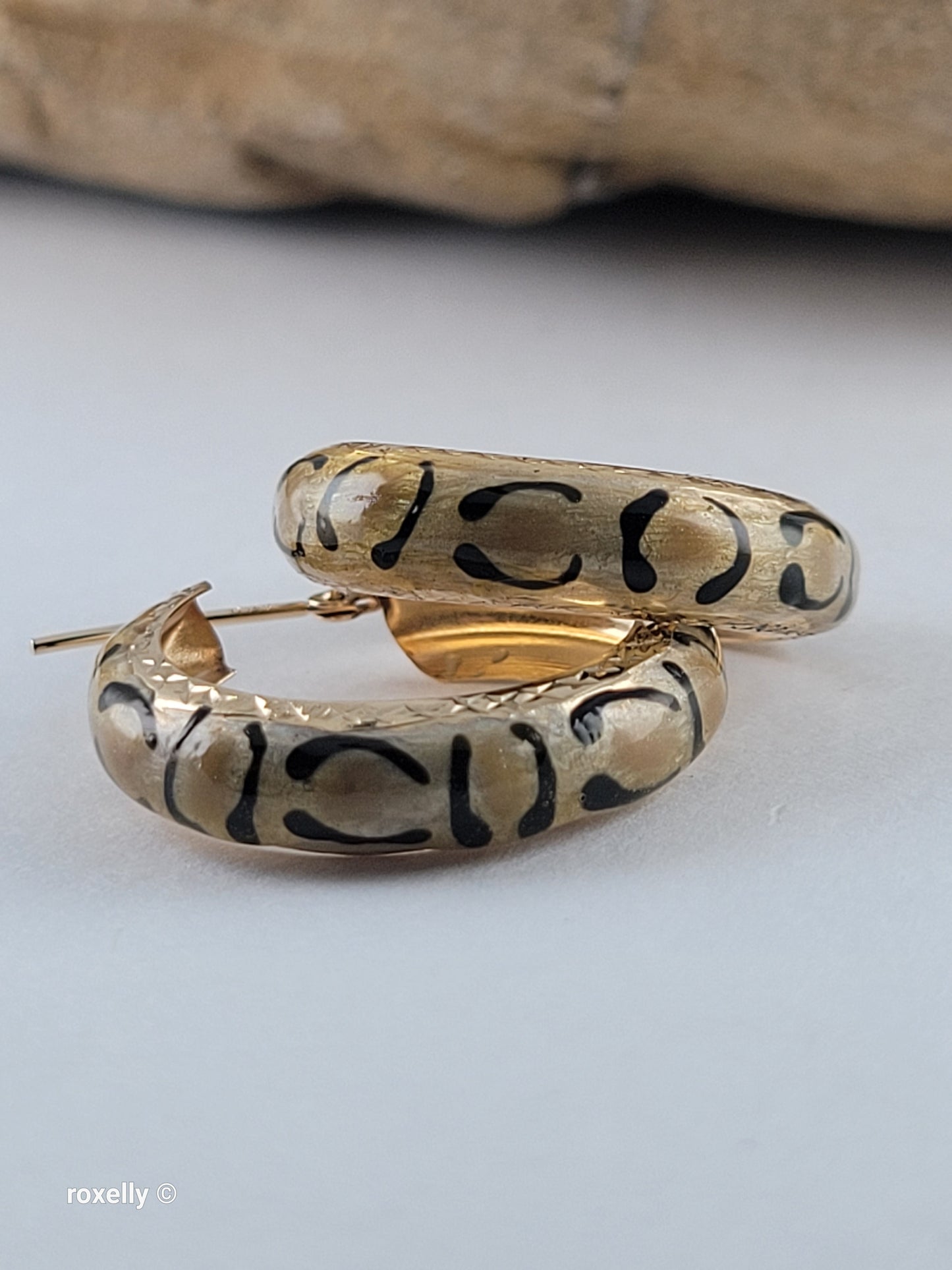 14K Yellow Gold Clasp Enamel Leopard and Diamond-Cut Hoop Earrings, Solid Gold!