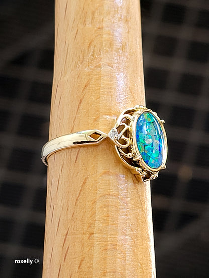 10K Yellow Gold Mosaic Opal and Diamonds Cocktail Ring Size 7, Solid Gold!