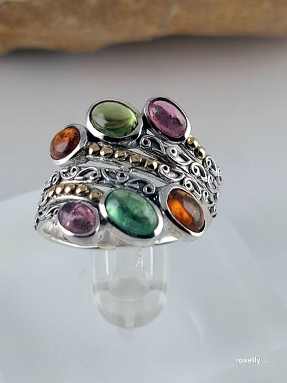 925 Sterling Silver Ring and 18K Yellow Gold, Tourmaline Gemstones Ring Size 8!