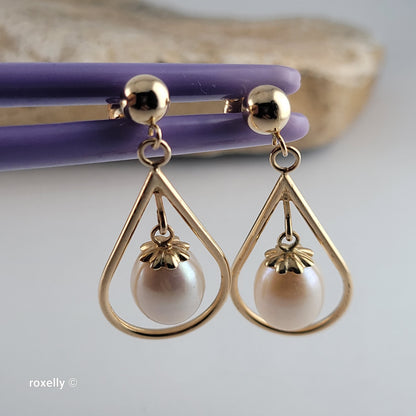 14K Yellow Gold Freshwater Pearl Drop-Shaped Dangle Earrings, Solid Gold!