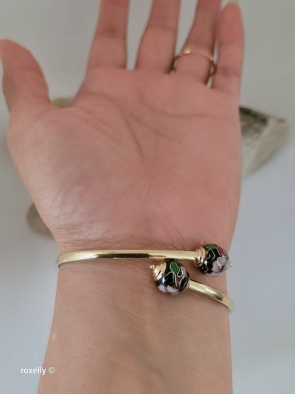 14K Yellow Gold Cloisonne Enamel Floral Bangle Bracelet, Solid Gold!