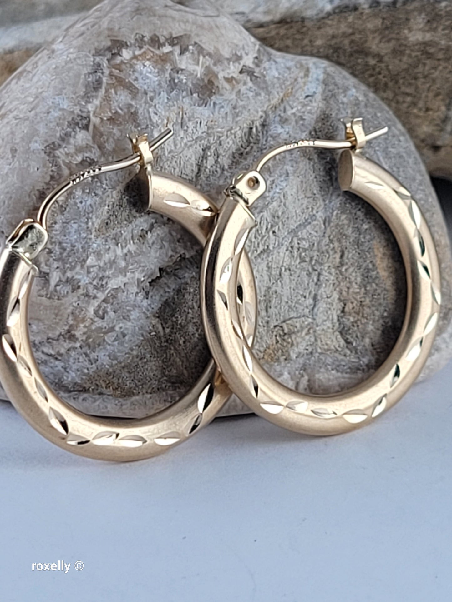 14K Yellow Gold Diamond-Cut Satin Hoop Earrings, Solid Gold