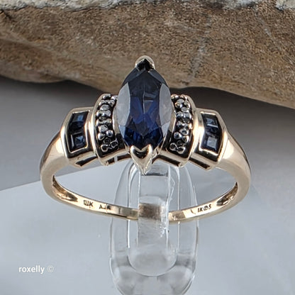 10K Yellow Gold Sapphire and Diamond Cocktail Ring Size 7.5, Solid Gold!